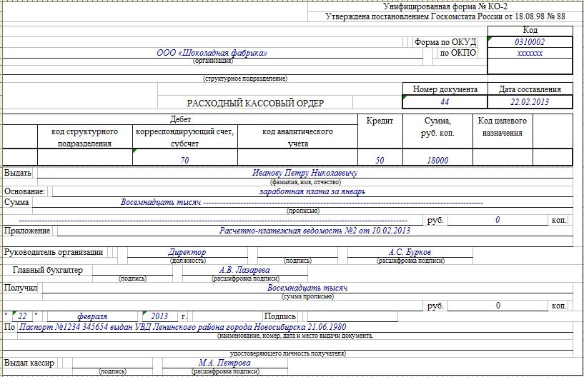 расходный кассовый ордер на отпускные образец